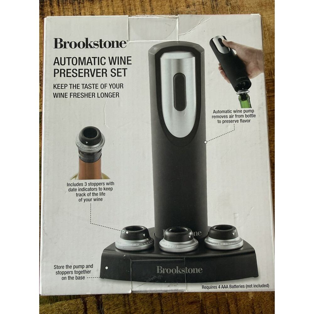 Brookstone Automatic Wine Preserver Set 3 stoppers with Date Indicators & Stand